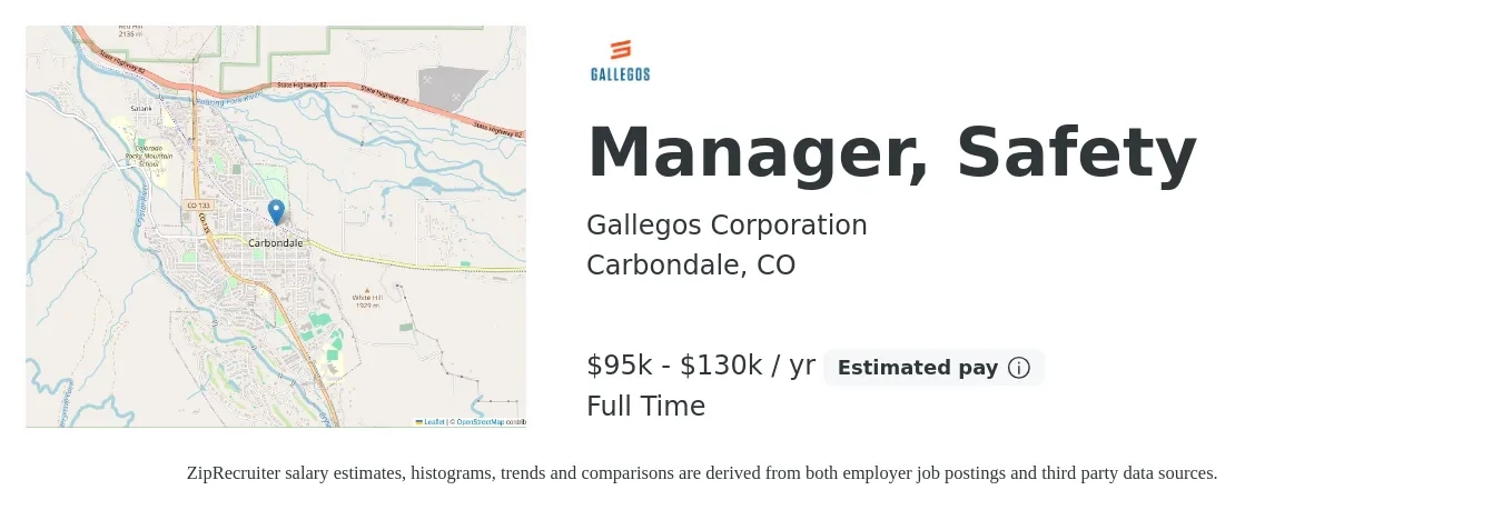 Gallegos Corporation job posting for a Manager, Safety in Carbondale, CO with a salary of $95,000 to $130,000 Yearly with a map of Carbondale location.
