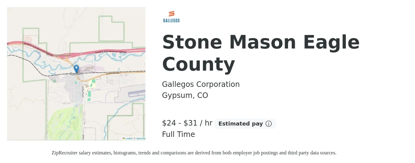 Gallegos Corporation job posting for a Stone Mason Eagle County in Gypsum, CO with a salary of $25 to $33 Hourly with a map of Gypsum location.
