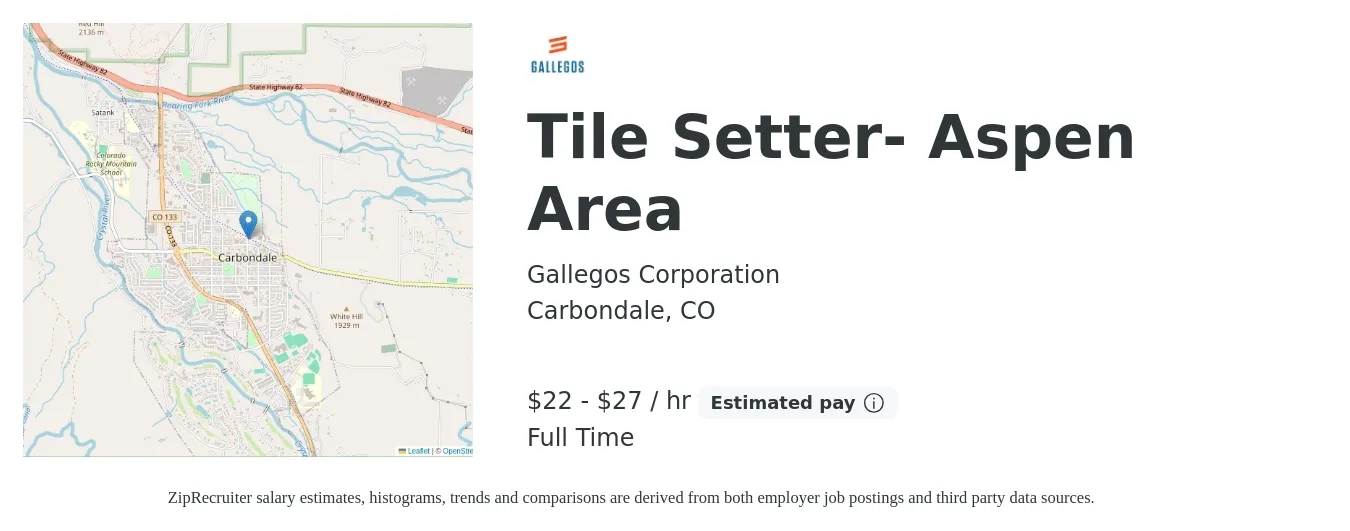 Gallegos Corporation job posting for a Tile Setter- Aspen Area in Carbondale, CO with a salary of $23 to $29 Hourly with a map of Carbondale location.