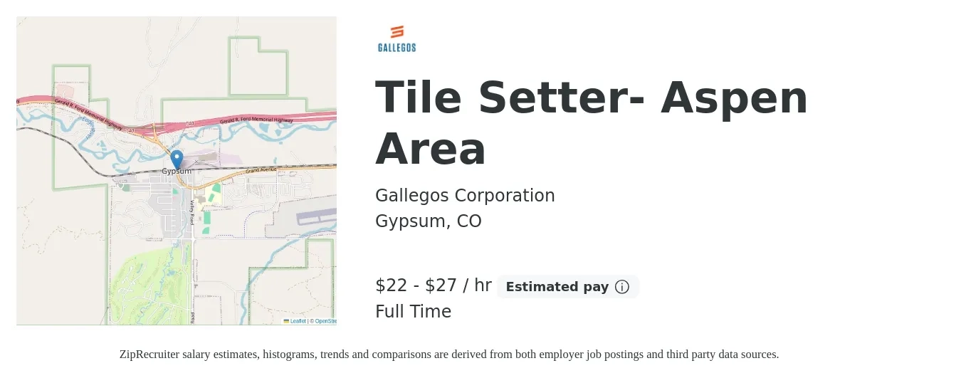 Gallegos Corporation job posting for a Tile Setter- Aspen Area in Gypsum, CO with a salary of $23 to $29 Hourly with a map of Gypsum location.