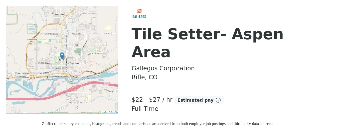 Gallegos Corporation job posting for a Tile Setter- Aspen Area in Rifle, CO with a salary of $23 to $29 Hourly with a map of Rifle location.