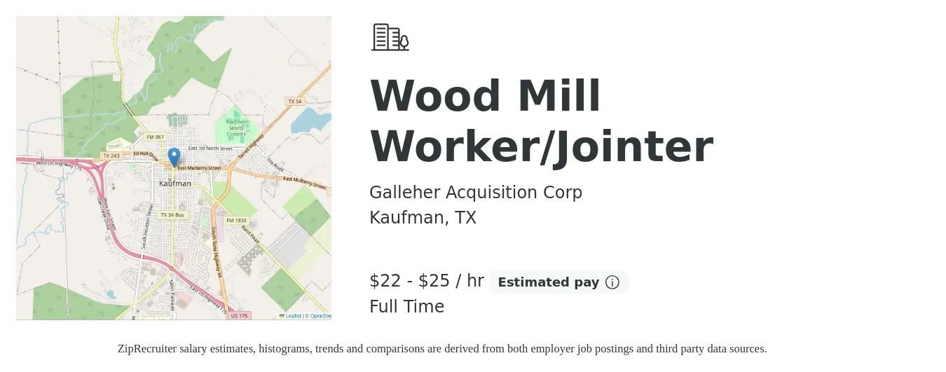 Galleher Acquisition Corp job posting for a Wood Mill Worker/Jointer in Kaufman, TX with a salary of $23 to $27 Hourly with a map of Kaufman location.
