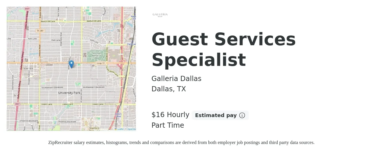 Galleria Dallas job posting for a Guest Services Specialist in Dallas, TX with a salary of $17 to $17 Hourly with a map of Dallas location.