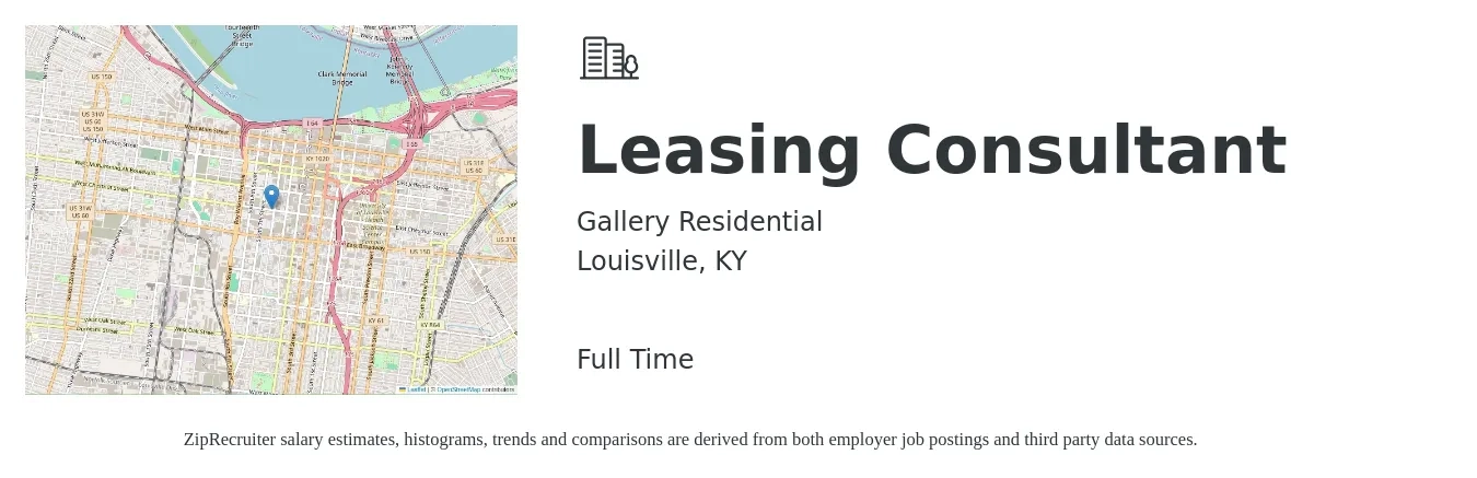 Gallery Residential job posting for a Leasing Consultant in Louisville, KY with a salary of $16 to $19 Hourly with a map of Louisville location.