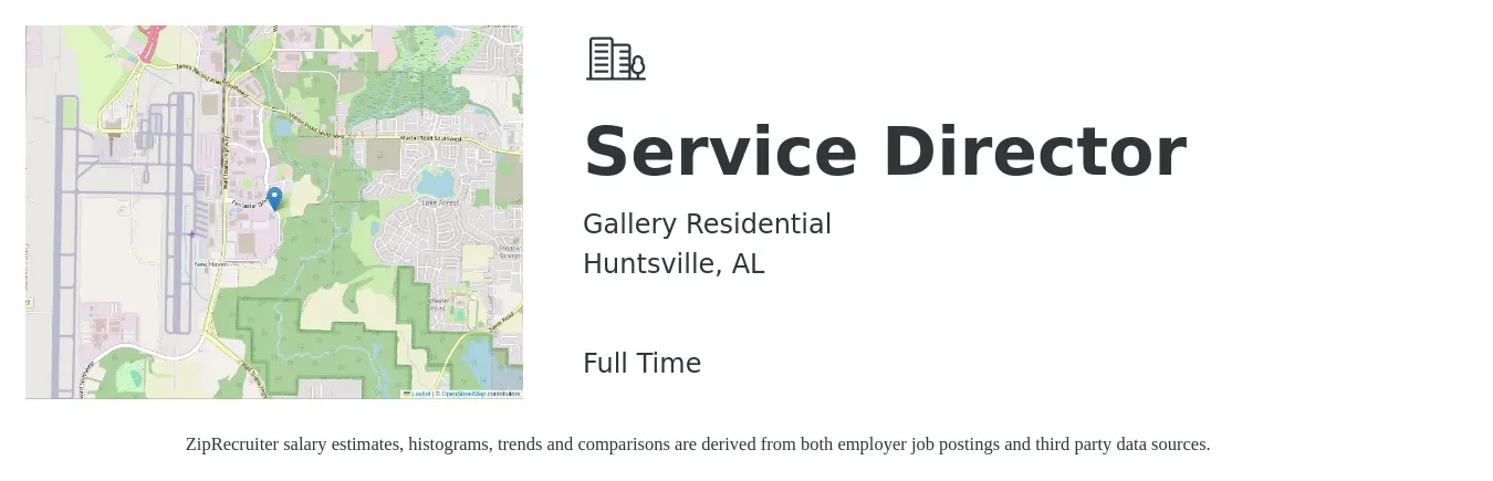 Gallery Residential job posting for a Service Director in Huntsville, AL with a salary of $77,300 to $118,200 Yearly with a map of Huntsville location.