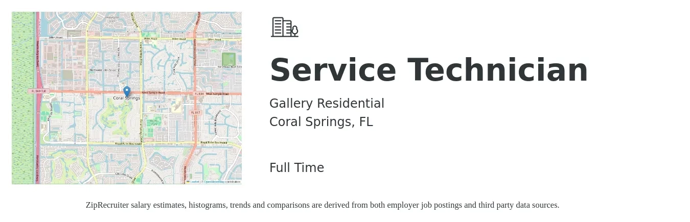 Gallery Residential job posting for a Service Technician in Coral Springs, FL with a salary of $19 to $26 Hourly with a map of Coral Springs location.