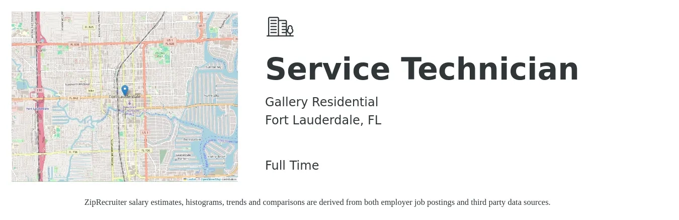 Gallery Residential job posting for a Service Technician in Fort Lauderdale, FL with a salary of $19 to $26 Hourly with a map of Fort Lauderdale location.