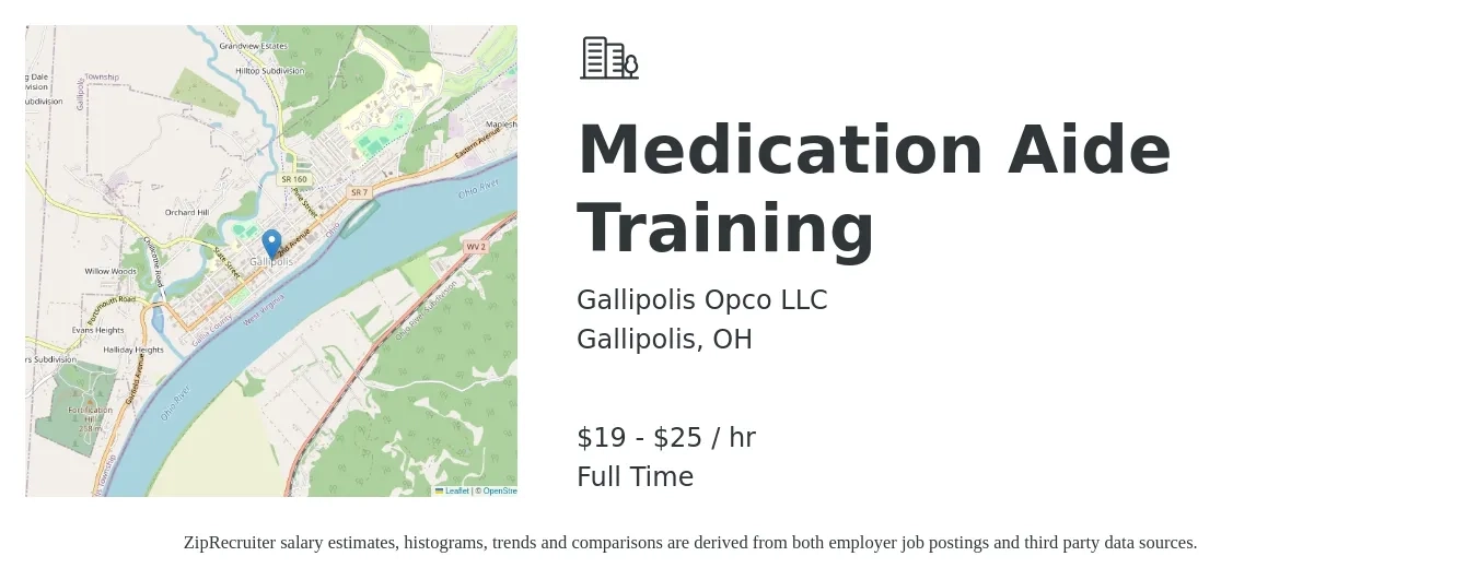 Gallipolis Opco LLC job posting for a Medication Aide Training in Gallipolis, OH with a salary of $18 to $24 Hourly with a map of Gallipolis location.
