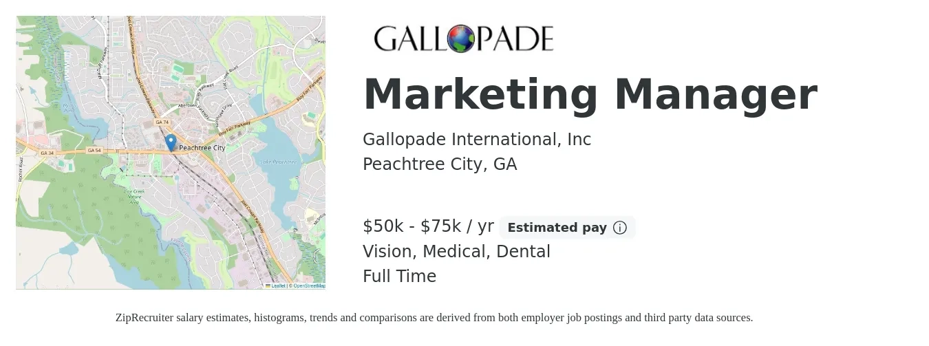 Gallopade International, Inc job posting for a Marketing Manager in Peachtree City, GA with a salary of $50,000 to $75,000 Yearly and benefits including retirement, vision, dental, life_insurance, medical, and pto with a map of Peachtree City location.