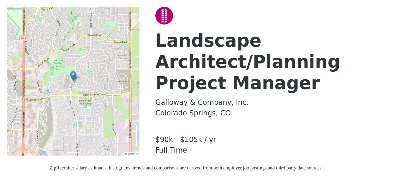 Galloway & Company, Inc. job posting for a Landscape Architect/Planning Project Manager in Colorado Springs, CO with a salary of $90,000 to $105,000 Yearly with a map of Colorado Springs location.