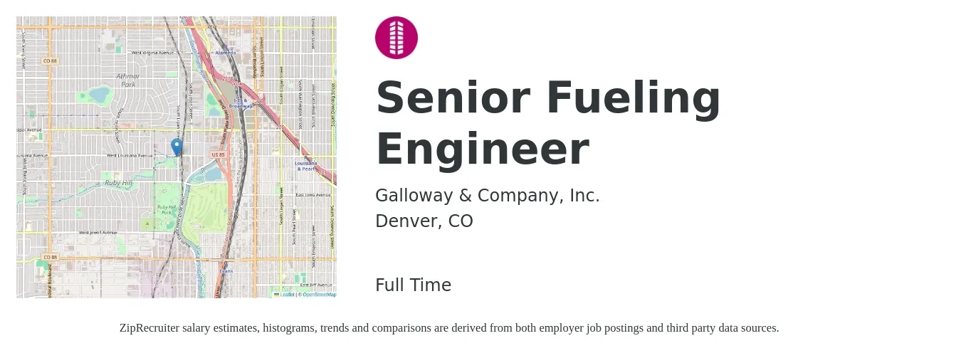 Galloway & Company, Inc. job posting for a Senior Fueling Engineer in Denver, CO with a salary of $95,000 to $110,000 Yearly with a map of Denver location.