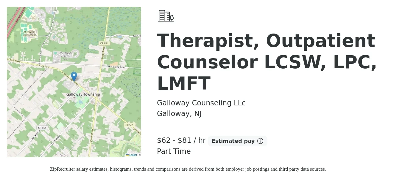 Galloway Counseling LLc job posting for a Therapist, Outpatient Counselor LCSW, LPC, LMFT in Galloway, NJ with a salary of $65 to $85 Hourly with a map of Galloway location.