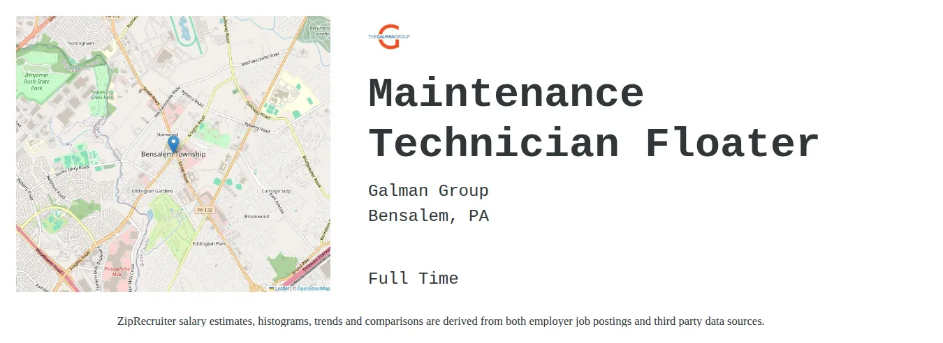 Galman Group job posting for a Maintenance Technician Floater in Bensalem, PA with a salary of $18 to $26 Hourly and benefits including Medical, Vision, Dental, Life, and Retirement with a map of Bensalem location.