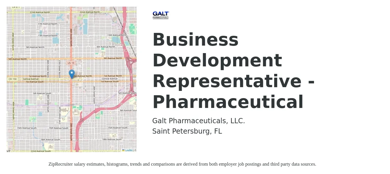 Galt Pharmaceuticals, LLC. job posting for a Business Development Representative - Pharmaceutical in Saint Petersburg, FL with a salary of $43,100 to $67,100 Yearly with a map of Saint Petersburg location.