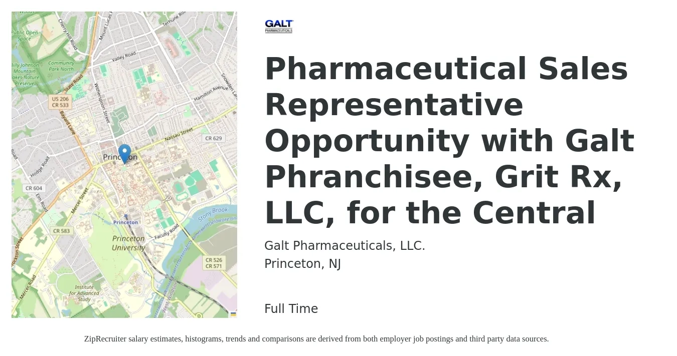 Galt Pharmaceuticals, LLC. job posting for a Pharmaceutical Sales Representative Opportunity with Galt Phranchisee, Grit Rx, LLC, for the Central in Princeton, NJ with a salary of $46,500 to $86,200 Yearly with a map of Princeton location.