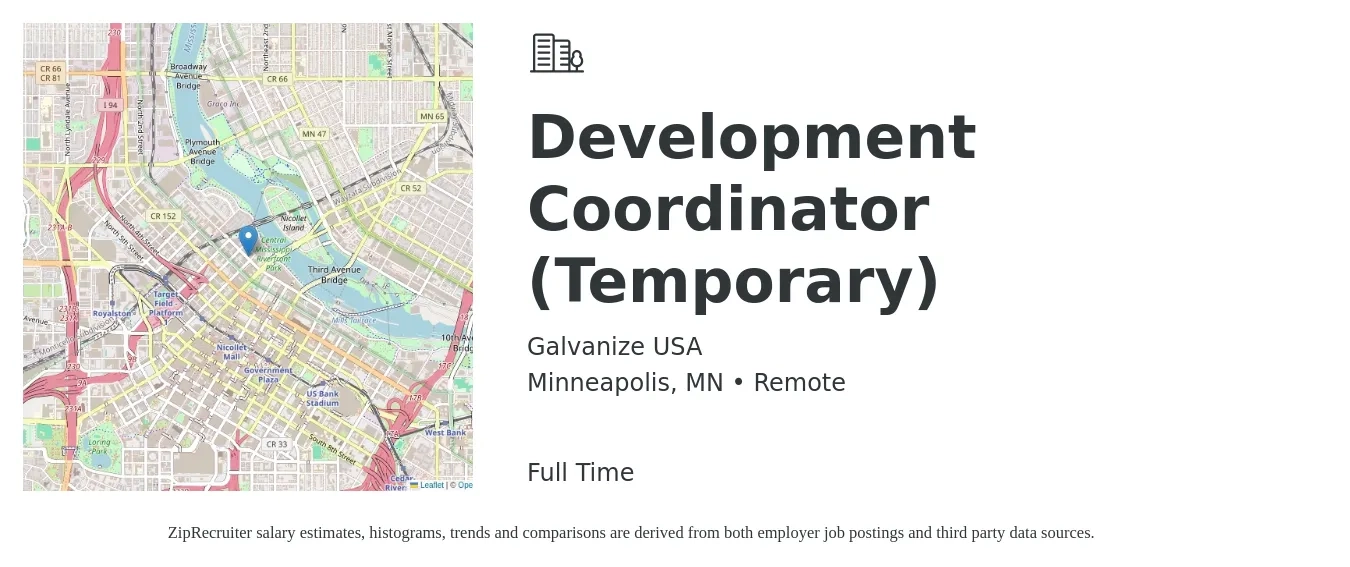 Galvanize USA job posting for a Development Coordinator (Temporary) in Minneapolis, MN with a salary of $60,000 to $70,000 Yearly with a map of Minneapolis location.