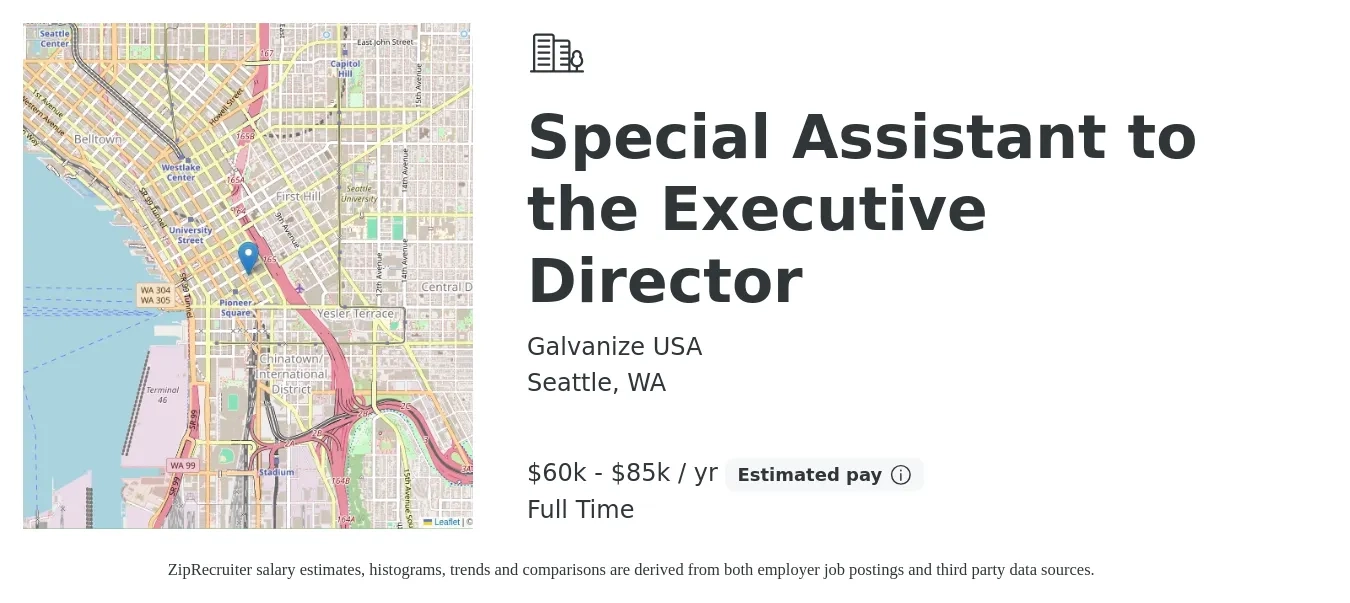 Galvanize USA job posting for a Special Assistant to the Executive Director in Seattle, WA with a salary of $60,000 to $85,000 Yearly with a map of Seattle location.