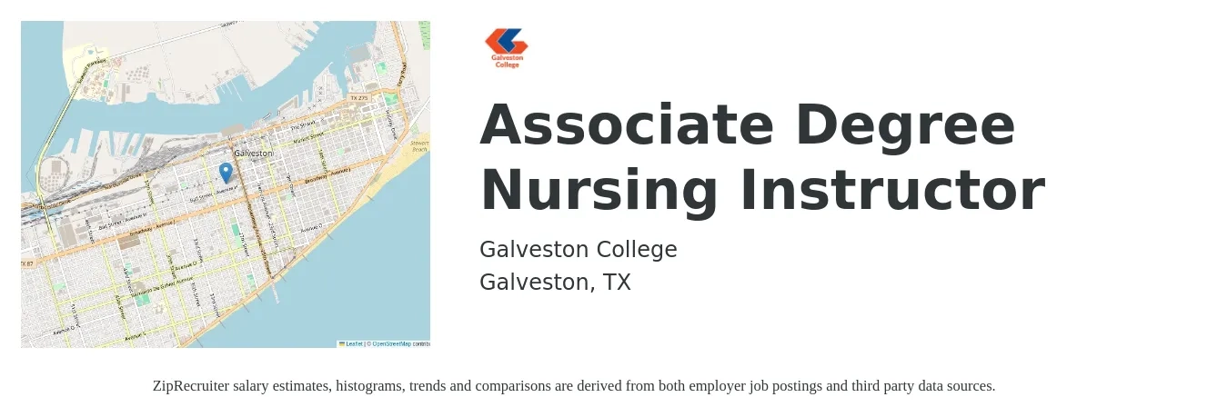 Galveston College job posting for a Associate Degree Nursing Instructor in Galveston, TX with a salary of $57,800 to $88,300 Yearly with a map of Galveston location.