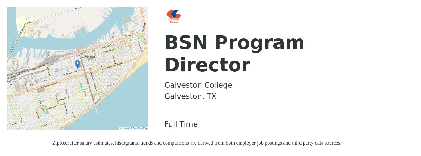 Galveston College job posting for a BSN Program Director in Galveston, TX with a salary of $65,800 to $103,400 Yearly with a map of Galveston location.
