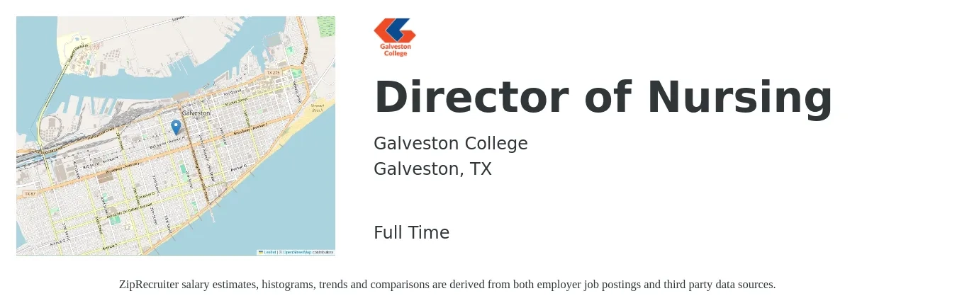 Galveston College job posting for a Director of Nursing in Galveston, TX with a salary of $78,000 to $117,900 Yearly with a map of Galveston location.