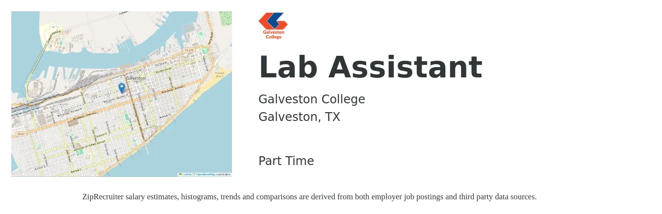 Galveston College job posting for a Lab Assistant in Galveston, TX with a salary of $16 to $22 Hourly with a map of Galveston location.