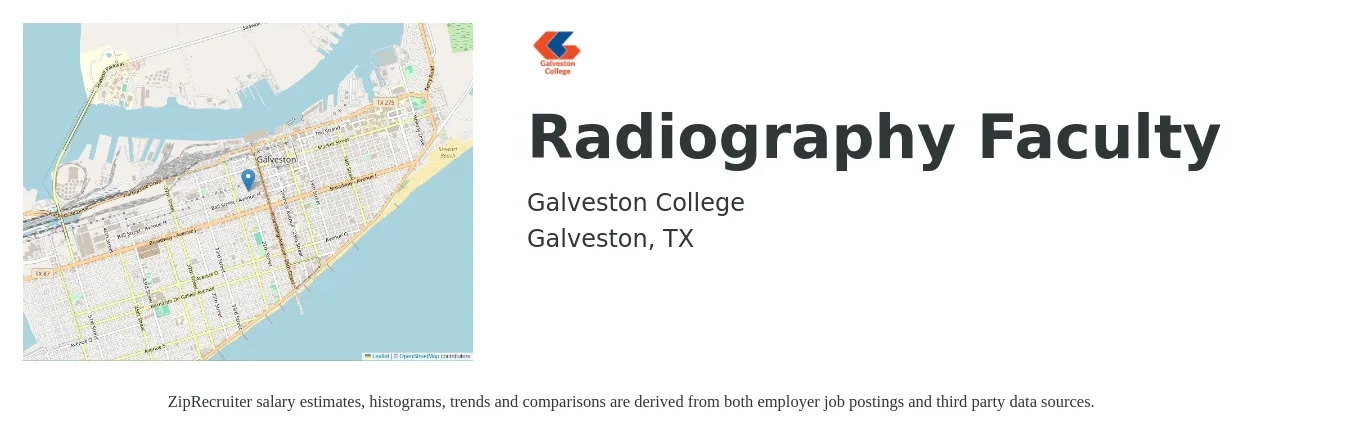 Galveston College job posting for a Radiography Faculty in Galveston, TX with a salary of $31 to $56 Hourly with a map of Galveston location.