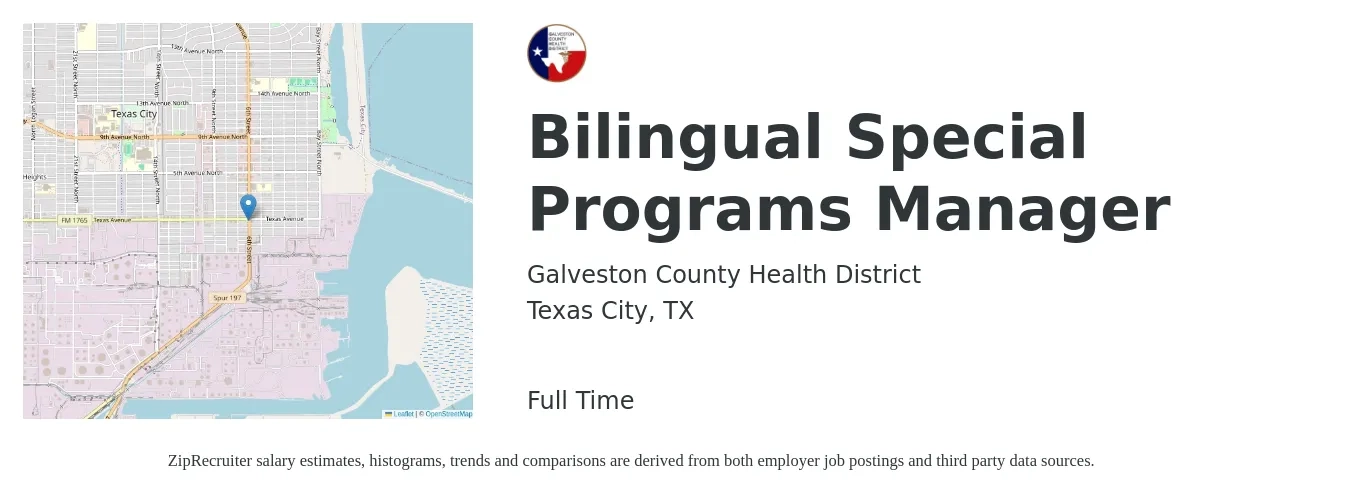 Galveston County Health District job posting for a Bilingual Special Programs Manager in Texas City, TX with a salary of $17 to $24 Hourly with a map of Texas City location.
