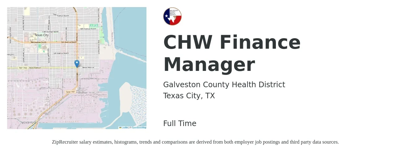 Galveston County Health District job posting for a CHW Finance Manager in Texas City, TX with a salary of $80,900 to $143,800 Yearly with a map of Texas City location.