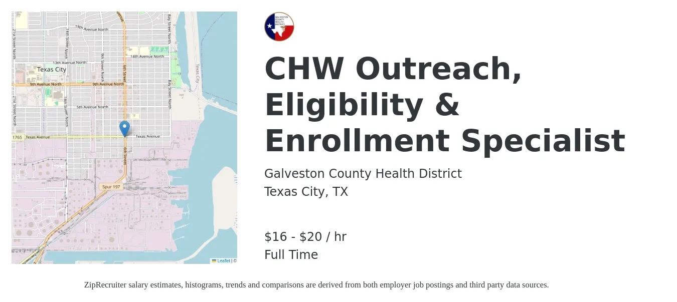 Galveston County Health District job posting for a CHW Outreach, Eligibility & Enrollment Specialist in Texas City, TX with a salary of $18 to $22 Hourly with a map of Texas City location.