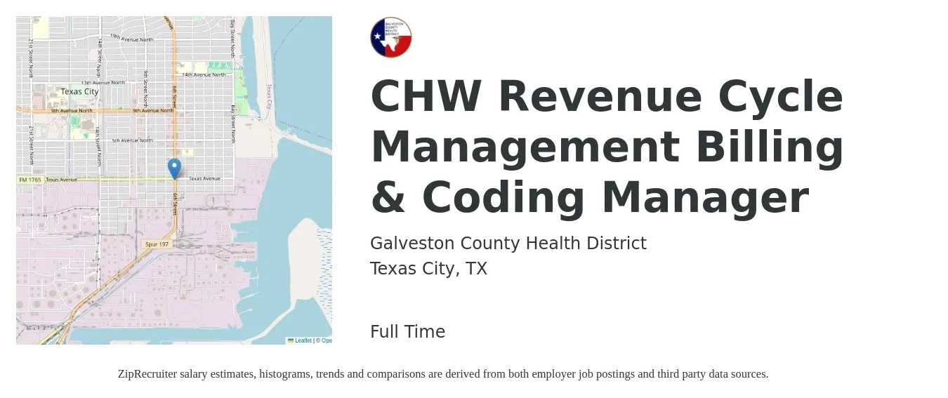 Galveston County Health District job posting for a CHW Revenue Cycle Management Billing & Coding Manager in Texas City, TX with a salary of $62,400 Yearly with a map of Texas City location.