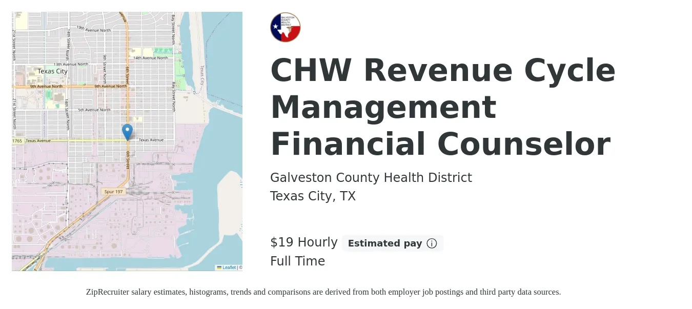 Galveston County Health District job posting for a CHW Revenue Cycle Management Financial Counselor in Texas City, TX with a salary of $20 Hourly with a map of Texas City location.