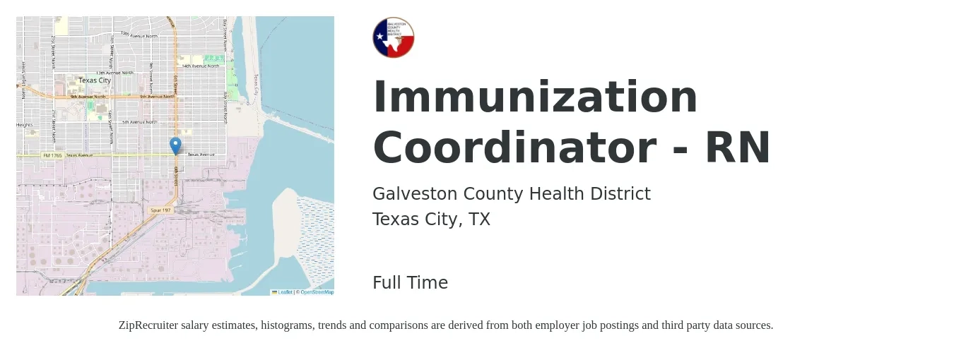 Galveston County Health District job posting for a Immunization Coordinator - RN in Texas City, TX with a salary of $28 to $41 Hourly with a map of Texas City location.