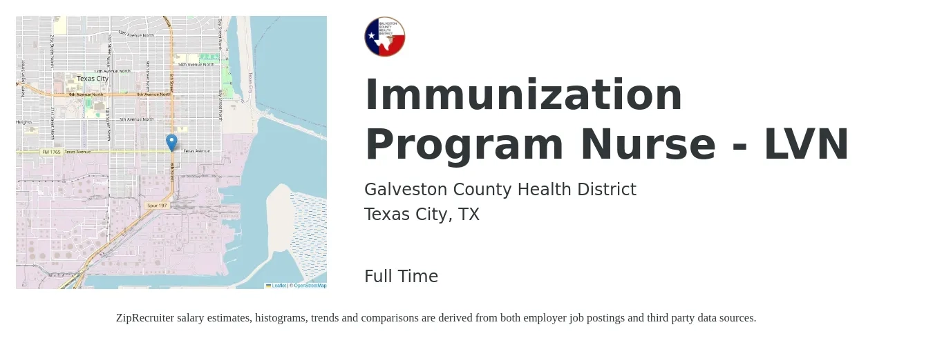 Galveston County Health District job posting for a Immunization Program Nurse - LVN in Texas City, TX with a salary of $24 to $32 Hourly with a map of Texas City location.
