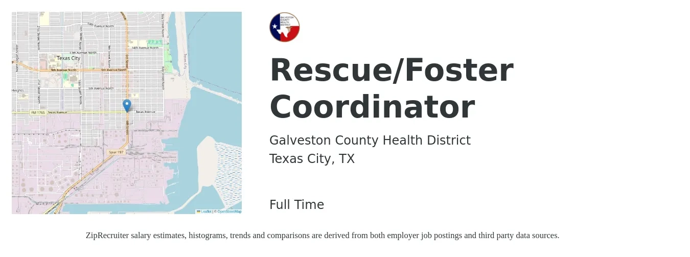 Galveston County Health District job posting for a Rescue/Foster Coordinator in Texas City, TX with a salary of $17 Hourly with a map of Texas City location.