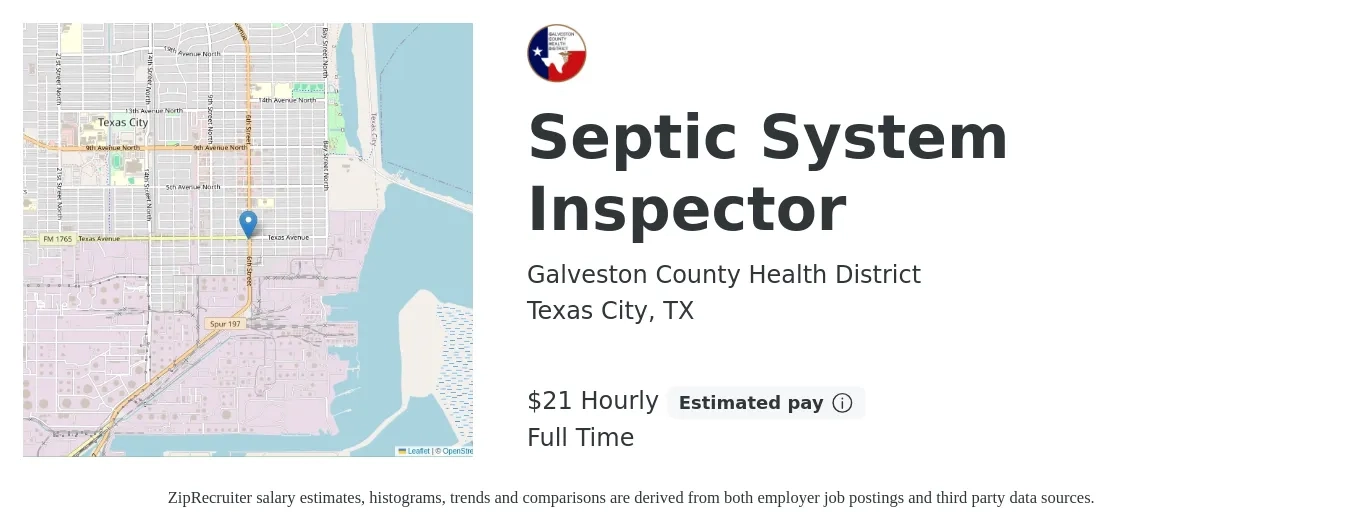 Galveston County Health District job posting for a Septic System Inspector in Texas City, TX with a salary of $23 Hourly with a map of Texas City location.