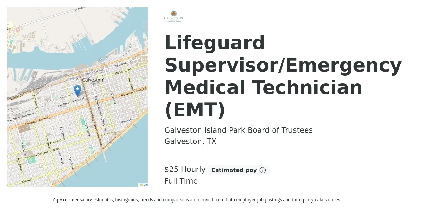 Galveston Island Park Board of Trustees job posting for a Lifeguard Supervisor/Emergency Medical Technician (EMT) in Galveston, TX with a salary of $27 Hourly with a map of Galveston location.