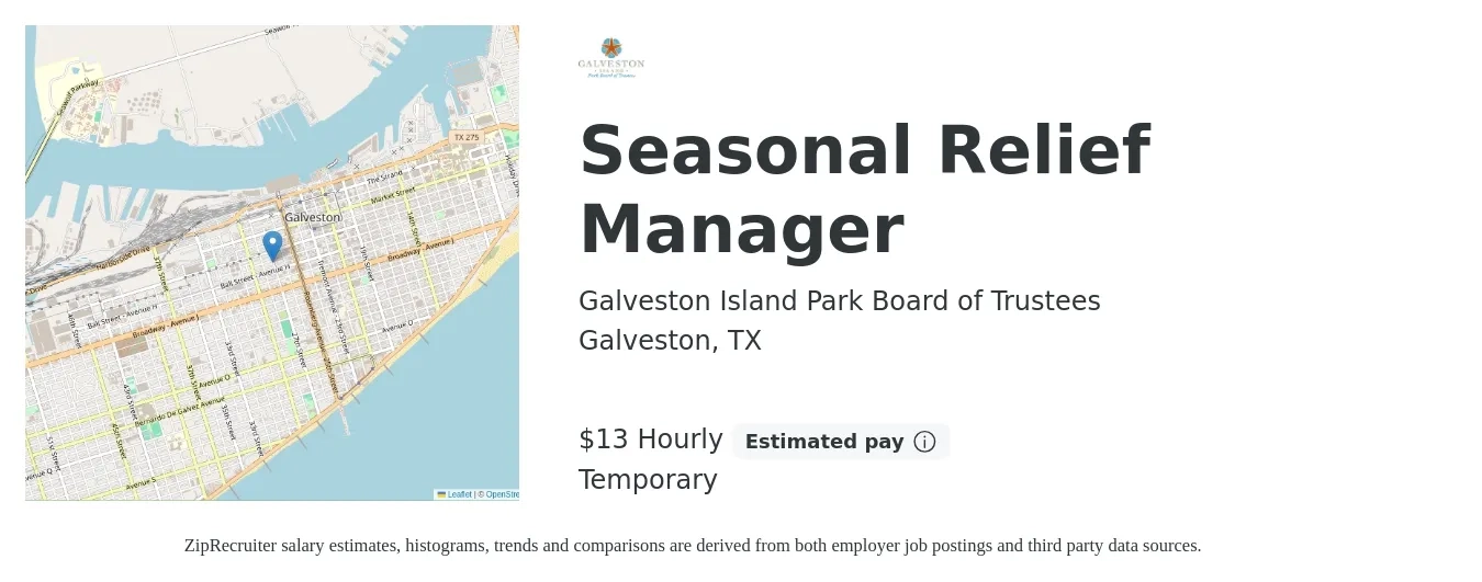 Galveston Island Park Board of Trustees job posting for a Seasonal Relief Manager in Galveston, TX with a salary of $14 Hourly with a map of Galveston location.