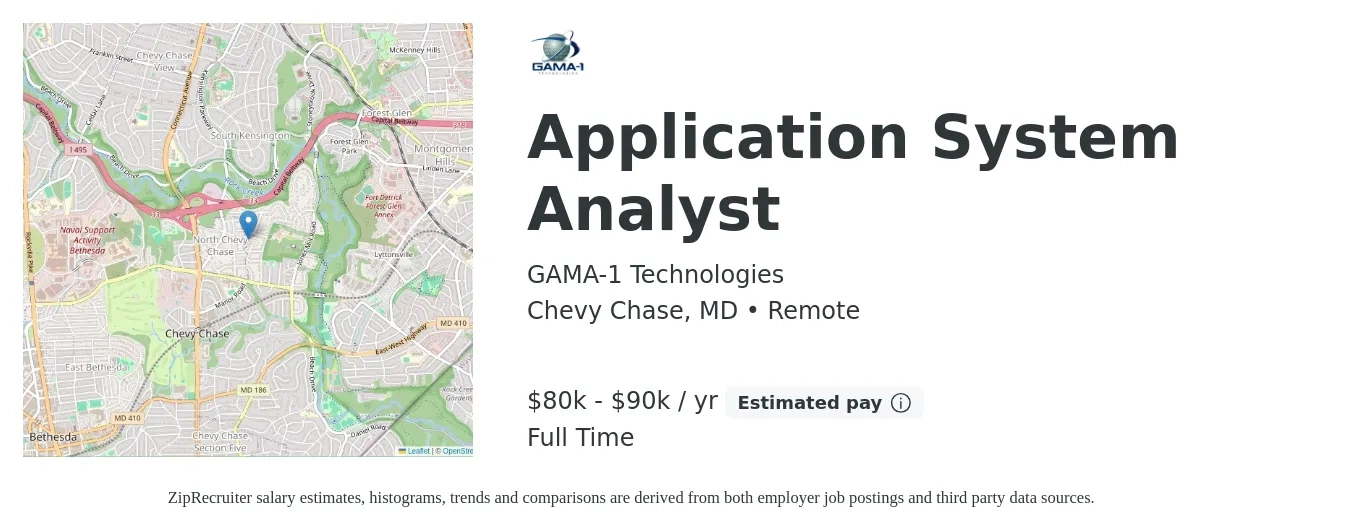 GAMA-1 Technologies job posting for a Application System Analyst in Chevy Chase, MD with a salary of $80,000 to $90,000 Yearly with a map of Chevy Chase location.