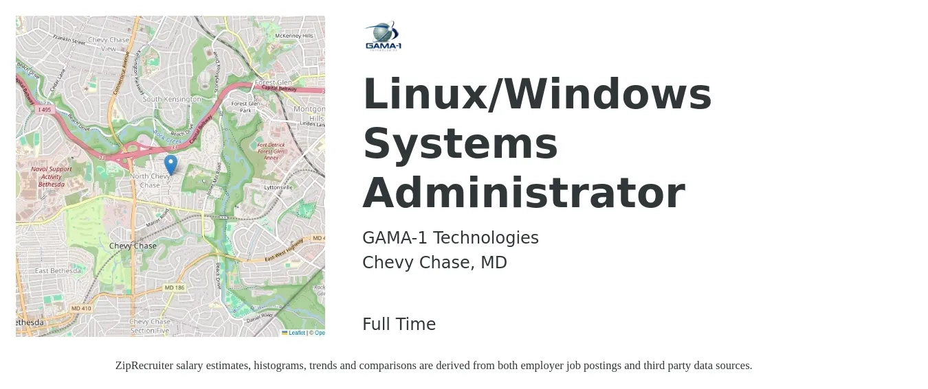 GAMA-1 Technologies job posting for a Linux/Windows Systems Administrator in Chevy Chase, MD with a salary of $84,300 to $117,800 Yearly with a map of Chevy Chase location.