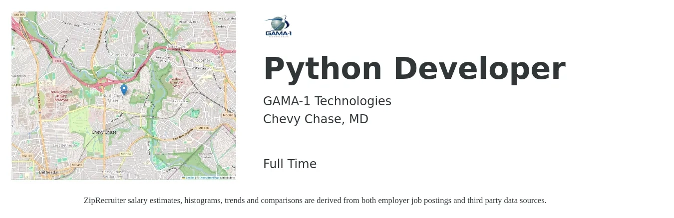 GAMA-1 Technologies job posting for a Python Developer in Chevy Chase, MD with a map of Chevy Chase location.