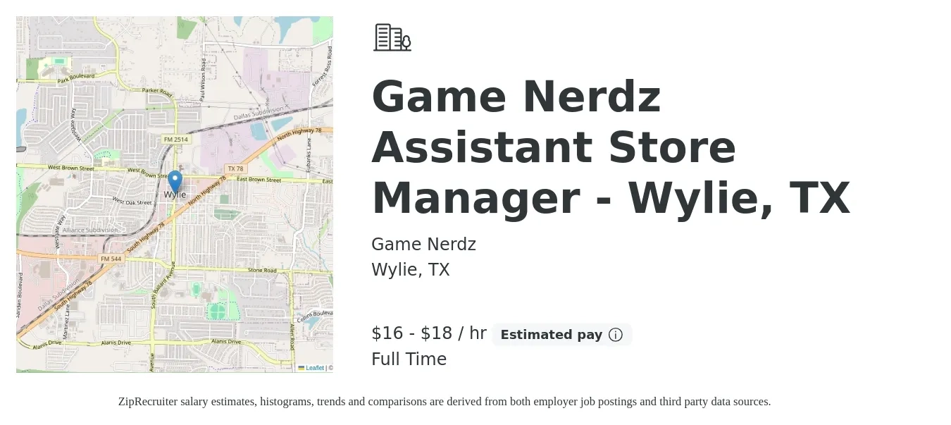 Game Nerdz job posting for a Game Nerdz Assistant Store Manager - Wylie, TX in Wylie, TX with a salary of $17 to $19 Hourly with a map of Wylie location.
