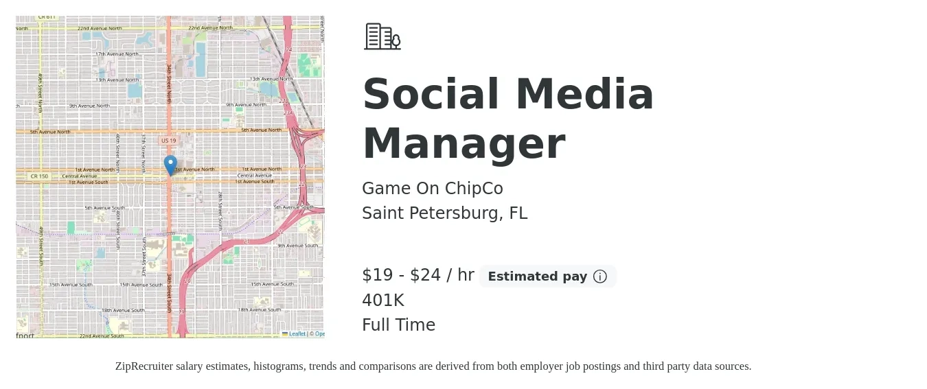 Game On ChipCo job posting for a Social Media Manager in Saint Petersburg, FL with a salary of $20 to $25 Hourly and benefits including 401k with a map of Saint Petersburg location.