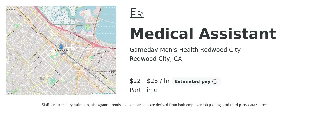 Gameday Men's Health Redwood City job posting for a Medical Assistant in Redwood City, CA with a salary of $23 to $27 Hourly and benefits including retirement with a map of Redwood City location.
