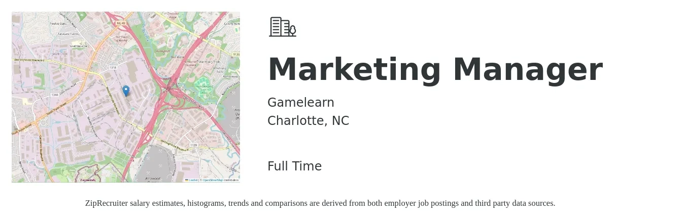 Gamelearn job posting for a Marketing Manager in Charlotte, NC with a salary of $53,800 to $87,900 Yearly with a map of Charlotte location.