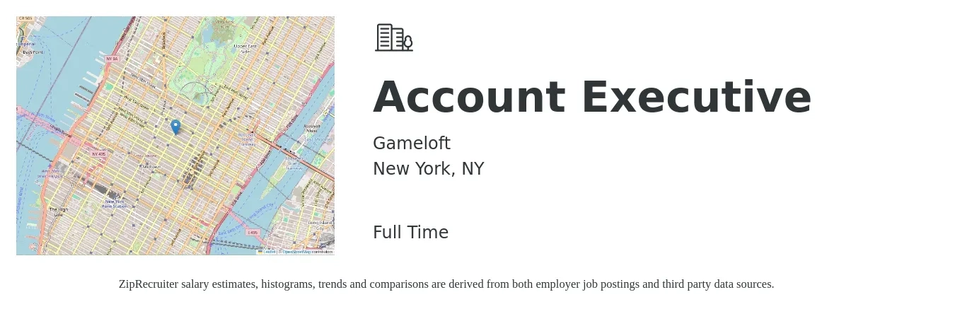 Gameloft job posting for a Account Executive in New York, NY with a salary of $59,100 to $103,900 Yearly with a map of New York location.