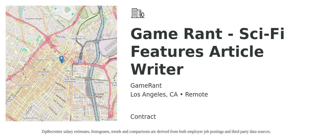 GameRant job posting for a Game Rant | Sci-Fi Features Article Writer in Los Angeles, CA with a salary of $26 to $52 Hourly with a map of Los Angeles location.