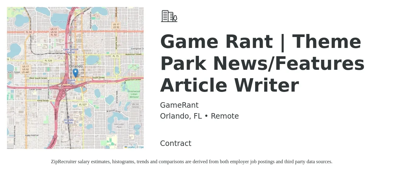 GameRant job posting for a Game Rant | Theme Park News/Features Article Writer in Orlando, FL with a salary of $28,000 to $56,000 Yearly with a map of Orlando location.