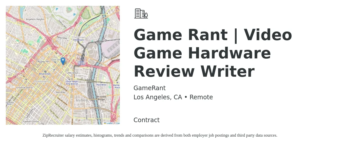GameRant job posting for a Game Rant | Video Game Hardware Review Writer in Los Angeles, CA with a salary of $133,600 to $135,800 Yearly with a map of Los Angeles location.