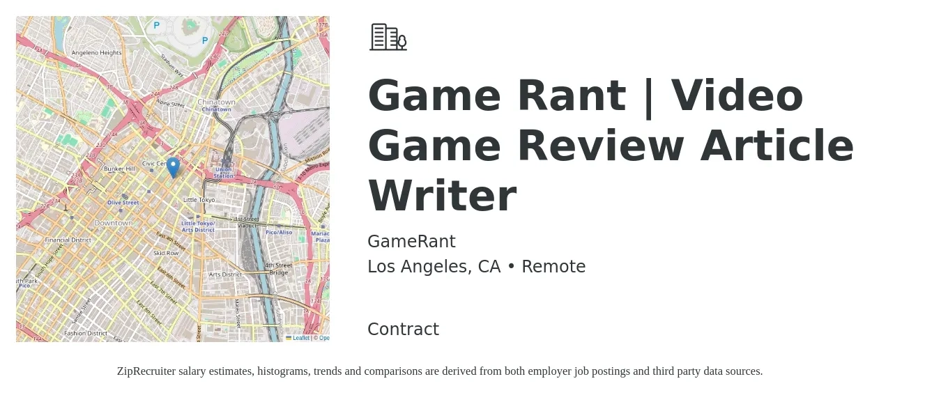 GameRant job posting for a Game Rant | Video Game Review Article Writer in Los Angeles, CA with a salary of $133,600 to $135,800 Yearly with a map of Los Angeles location.