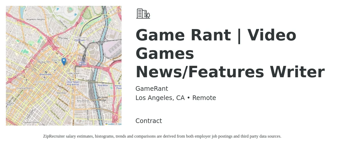 GameRant job posting for a Game Rant | Video Games News/Features Writer in Los Angeles, CA with a salary of $133,600 to $135,800 Yearly with a map of Los Angeles location.